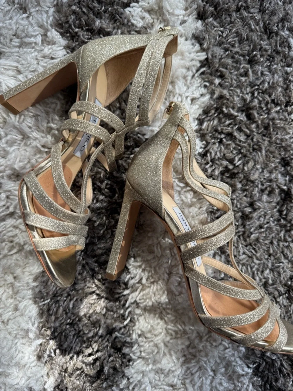 Jimmy Choo Gold Glitter Strappy Block Heel Sandals - Picture 8 of 9